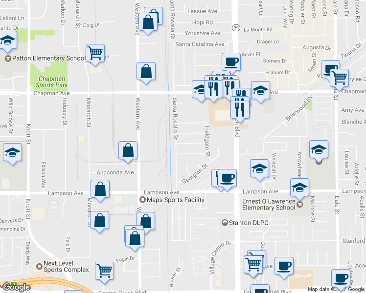 map of restaurants, bars, coffee shops, grocery stores, and more near 7722 Bently Avenue in Garden Grove