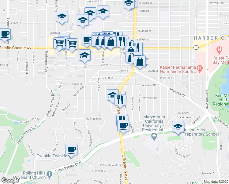 map of restaurants, bars, coffee shops, grocery stores, and more near 26226 Ocean View Avenue in Lomita