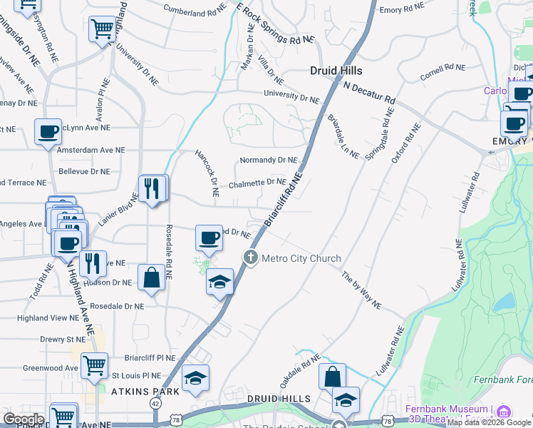 map of restaurants, bars, coffee shops, grocery stores, and more near 1086 Briarcliff Road Northeast in Atlanta