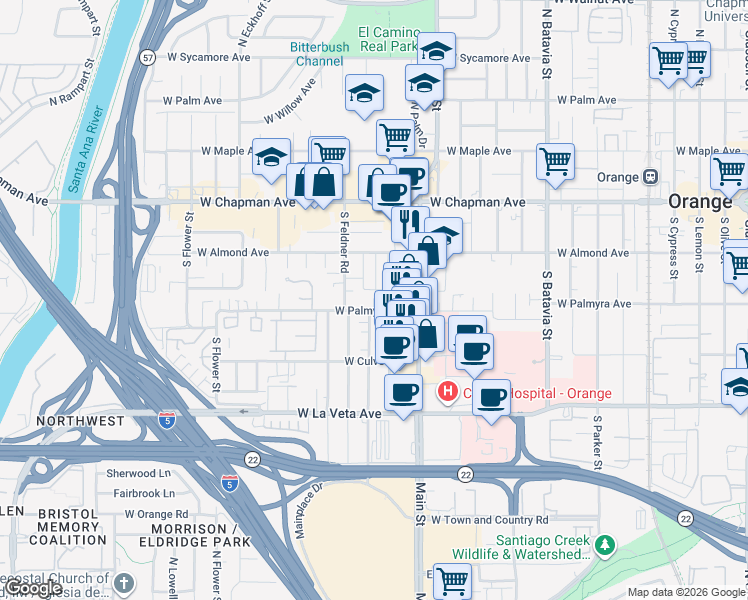 map of restaurants, bars, coffee shops, grocery stores, and more near 1537 West Palmyra Avenue in Orange