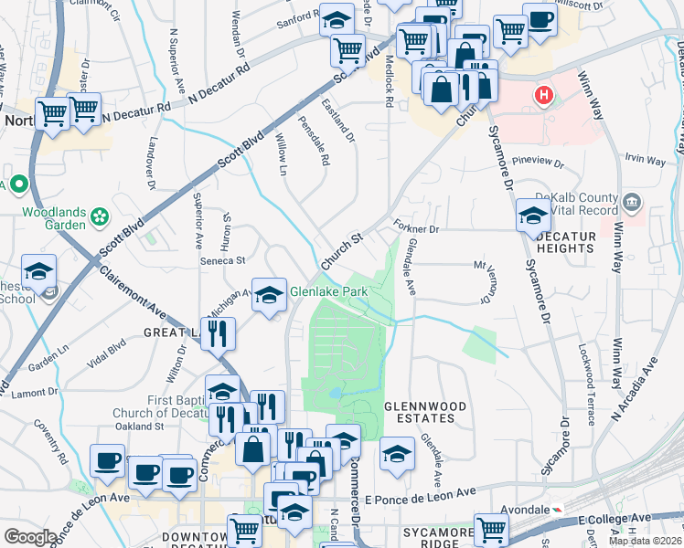 map of restaurants, bars, coffee shops, grocery stores, and more near 1179 Church Street in Decatur
