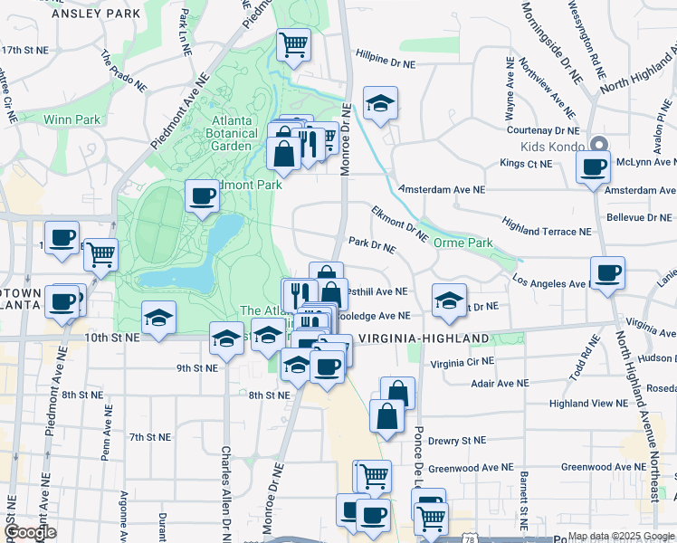 map of restaurants, bars, coffee shops, grocery stores, and more near 1095 Monroe Drive Northeast in Atlanta