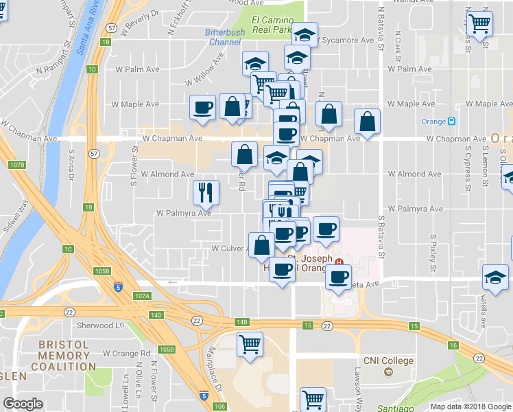 map of restaurants, bars, coffee shops, grocery stores, and more near 1603 West Palmyra Avenue in Orange