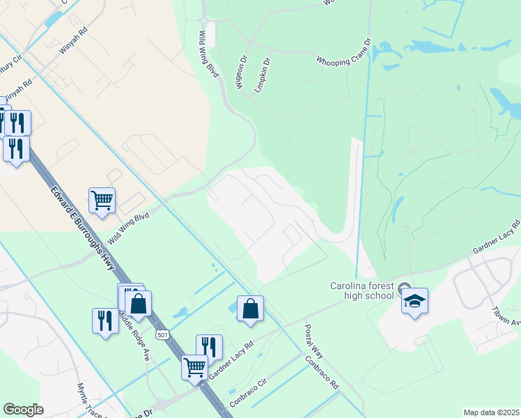 map of restaurants, bars, coffee shops, grocery stores, and more near 324 Wild Wing Boulevard in Conway