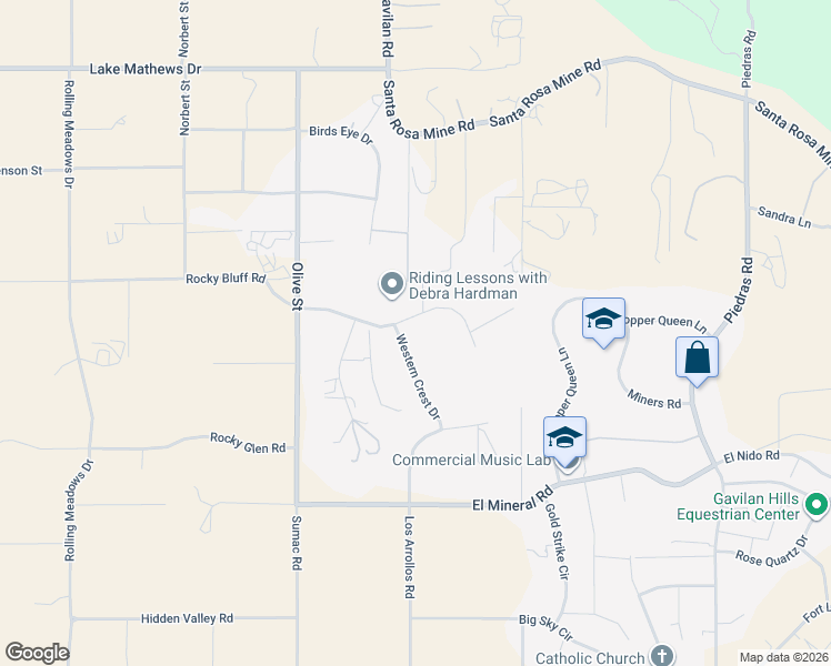 map of restaurants, bars, coffee shops, grocery stores, and more near 23140 Western Crest Drive in Perris