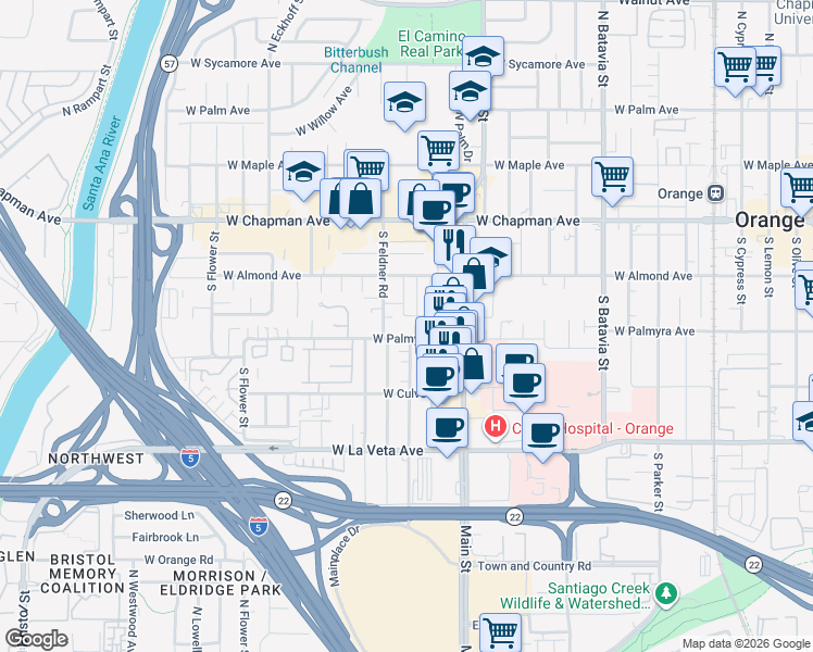 map of restaurants, bars, coffee shops, grocery stores, and more near 1603 West Palmyra Avenue in Orange