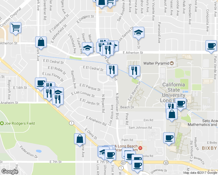 map of restaurants, bars, coffee shops, grocery stores, and more near 5621 East El Parque Street in Long Beach
