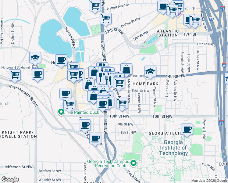 map of restaurants, bars, coffee shops, grocery stores, and more near 1086 Curran Street Northwest in Atlanta