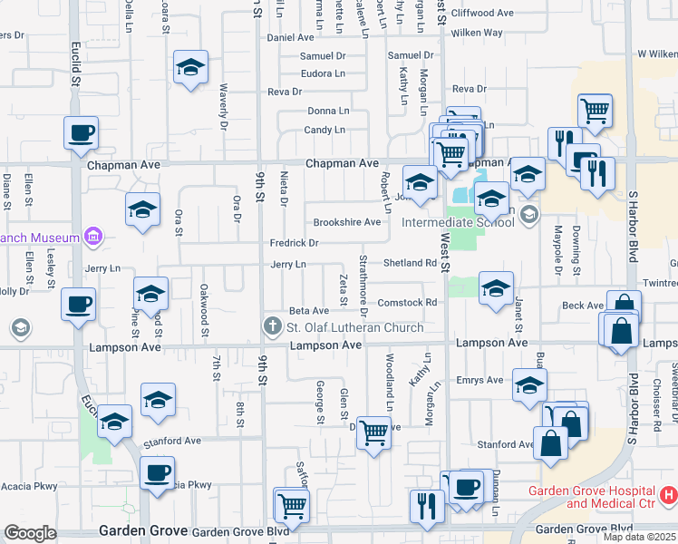 map of restaurants, bars, coffee shops, grocery stores, and more near 12281 Zeta Street in Garden Grove