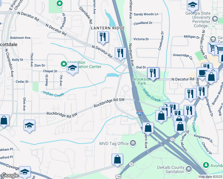 map of restaurants, bars, coffee shops, grocery stores, and more near 485 Wilfawn Way in Avondale Estates
