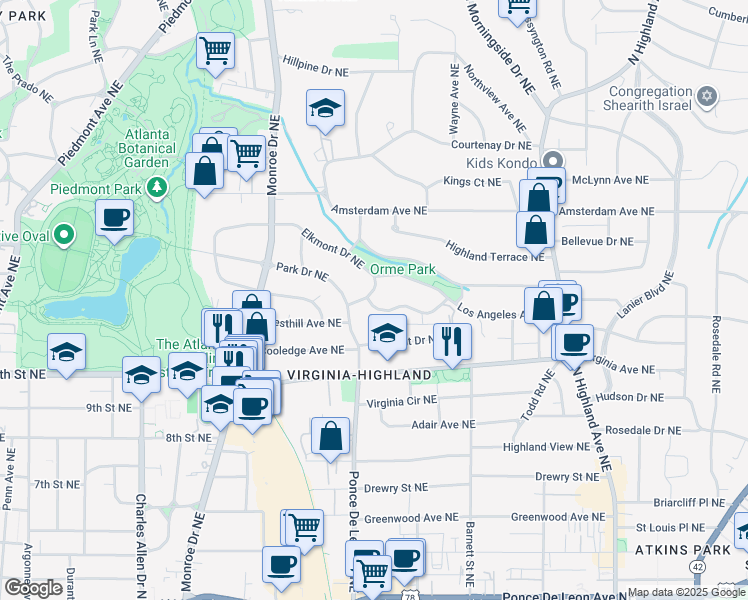 map of restaurants, bars, coffee shops, grocery stores, and more near 764 Elkmont Drive Northeast in Atlanta