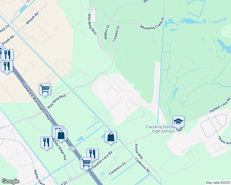 map of restaurants, bars, coffee shops, grocery stores, and more near 324 Kiskadee Loop in Conway