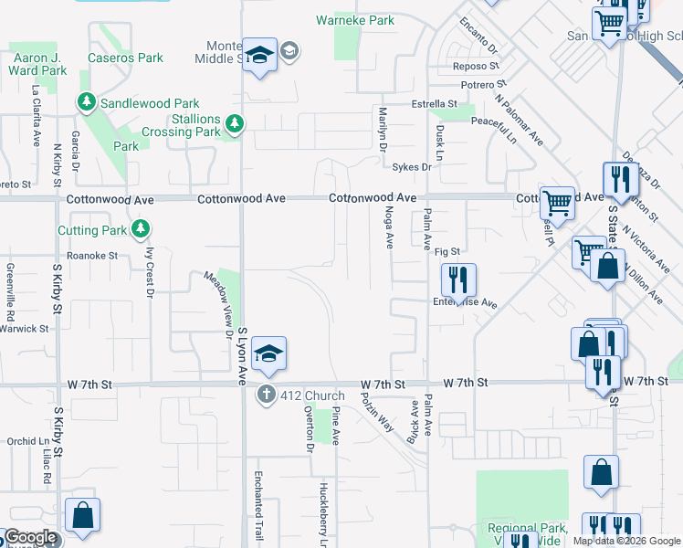 map of restaurants, bars, coffee shops, grocery stores, and more near 348 Pepperwood Street in San Jacinto