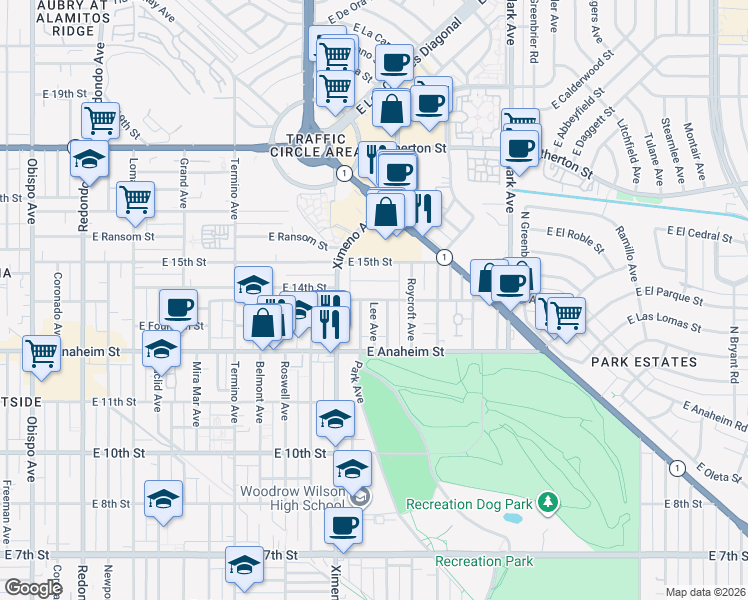 map of restaurants, bars, coffee shops, grocery stores, and more near 4537 E 14th St in Long Beach