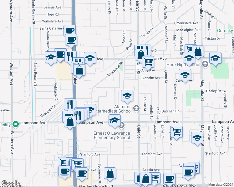 map of restaurants, bars, coffee shops, grocery stores, and more near 12230 Arrowhead Street in Stanton