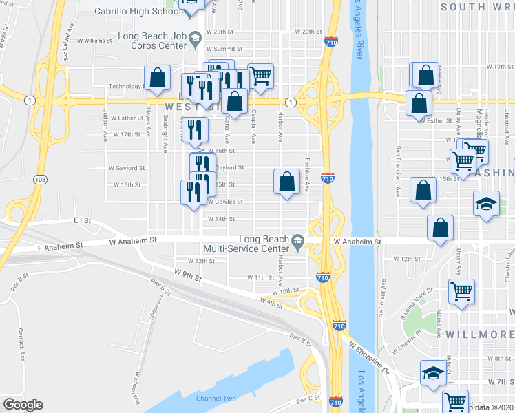 map of restaurants, bars, coffee shops, grocery stores, and more near 1432 Caspian Avenue in Long Beach
