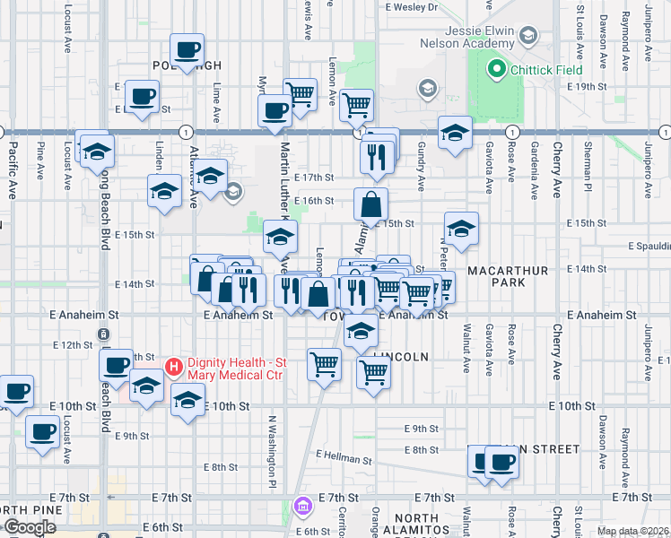 map of restaurants, bars, coffee shops, grocery stores, and more near 1150 East New York Street in Long Beach