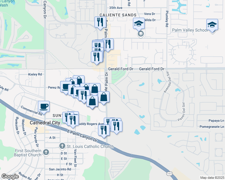 map of restaurants, bars, coffee shops, grocery stores, and more near 155 Estrada Way in Cathedral City