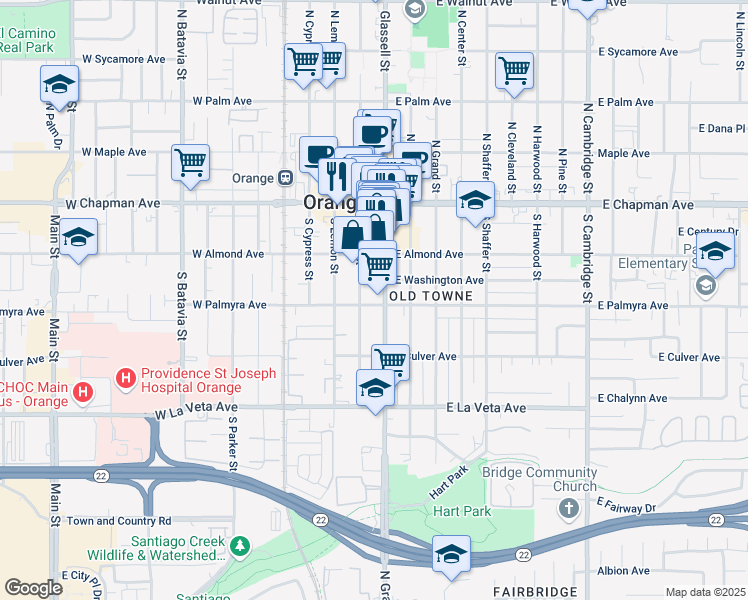map of restaurants, bars, coffee shops, grocery stores, and more near 119 West Palmyra Avenue in Orange