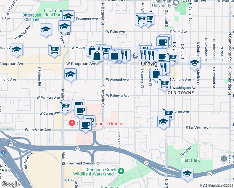 map of restaurants, bars, coffee shops, grocery stores, and more near 281 South Parker Street in Orange