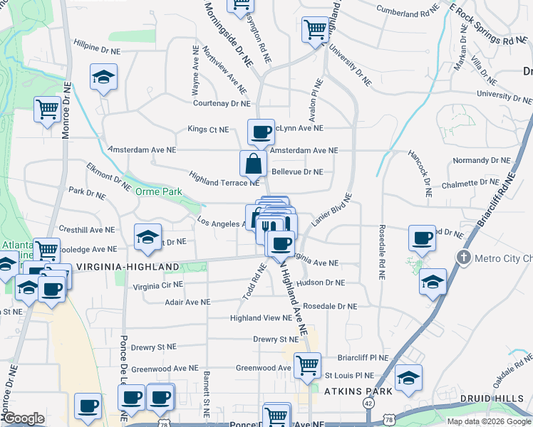 map of restaurants, bars, coffee shops, grocery stores, and more near 969 Glen Arden Way Northeast in Atlanta