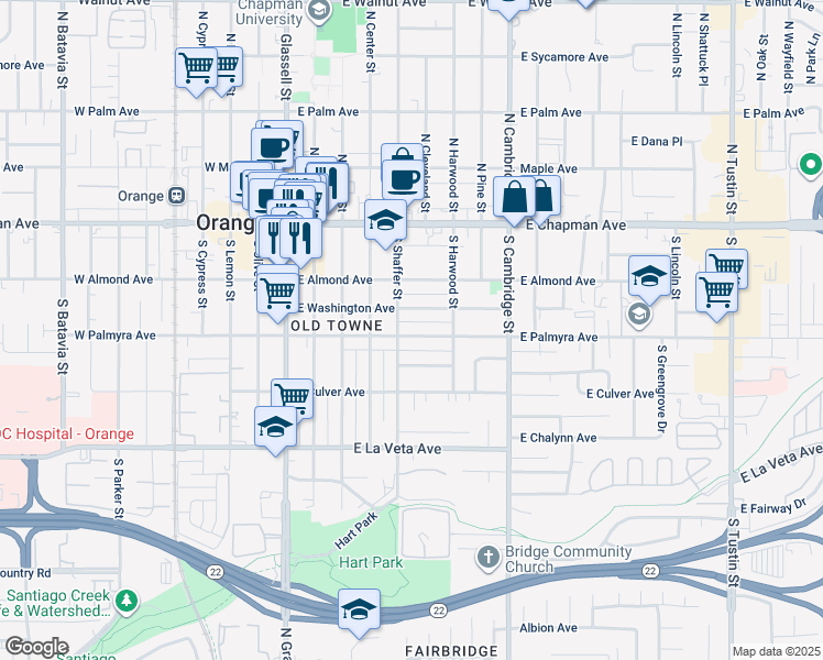 map of restaurants, bars, coffee shops, grocery stores, and more near 517 East Palmyra Avenue in Orange