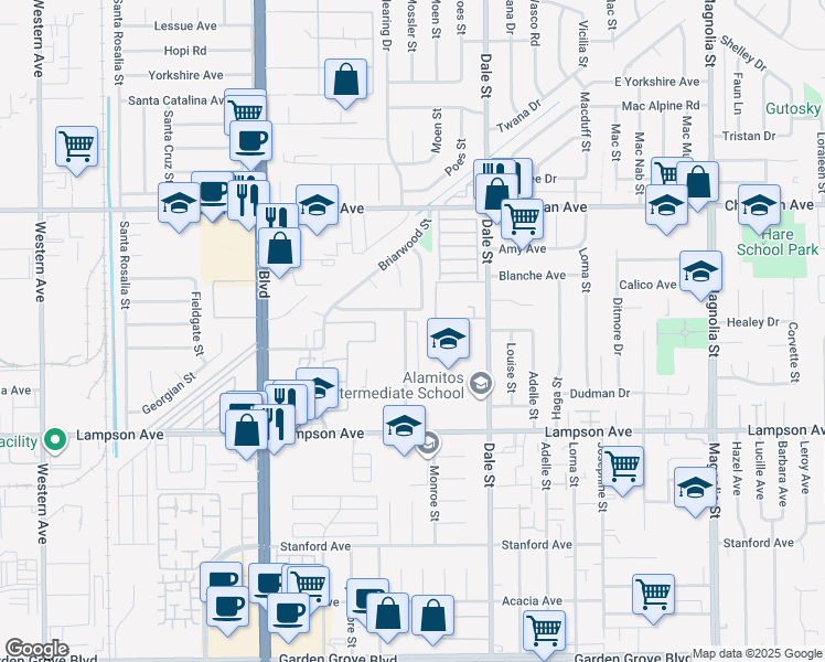 map of restaurants, bars, coffee shops, grocery stores, and more near 12230 Arrowhead Street in Stanton