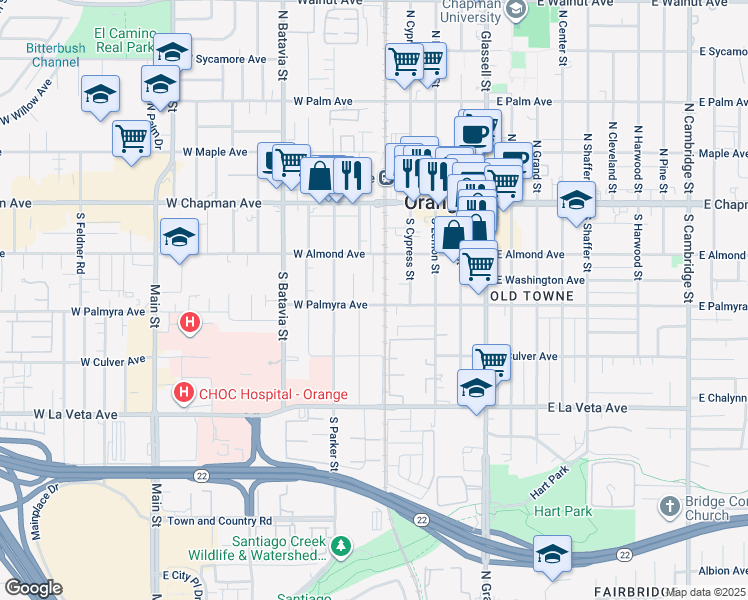 map of restaurants, bars, coffee shops, grocery stores, and more near 285 South Foley Place in Orange