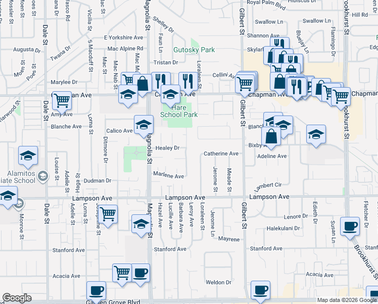 map of restaurants, bars, coffee shops, grocery stores, and more near 12262 Corvette Street in Garden Grove