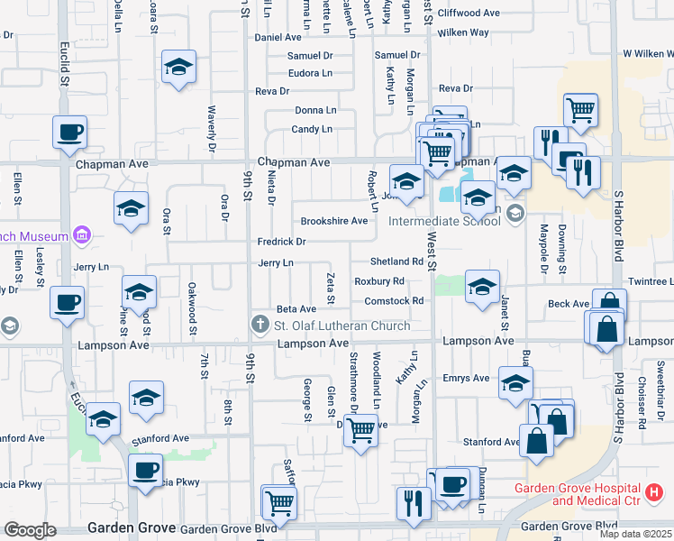 map of restaurants, bars, coffee shops, grocery stores, and more near 12282 Zeta Street in Garden Grove