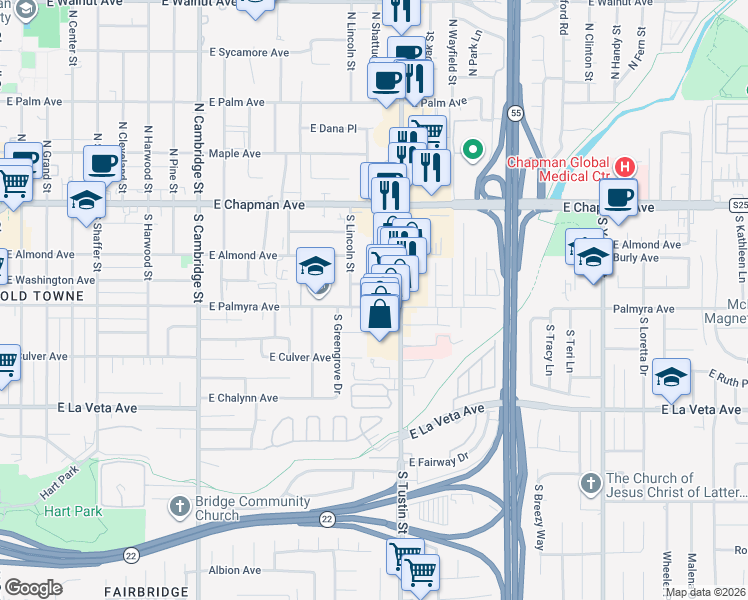 map of restaurants, bars, coffee shops, grocery stores, and more near 1545 E Palmyra Ave in Orange