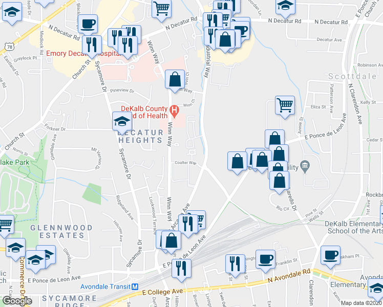 map of restaurants, bars, coffee shops, grocery stores, and more near 712 Alden Drive in Decatur