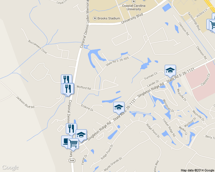 map of restaurants, bars, coffee shops, grocery stores, and more near 129 Wofford Rd in Conway