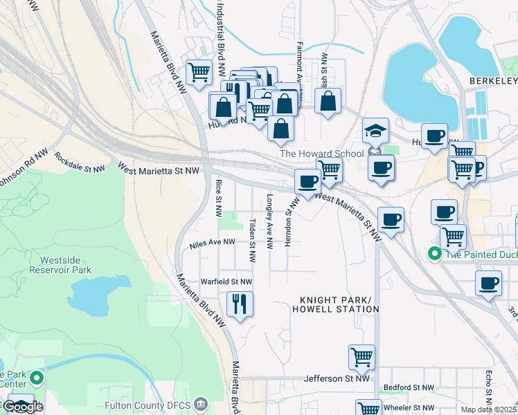 map of restaurants, bars, coffee shops, grocery stores, and more near 1143 Church Street Northwest in Atlanta