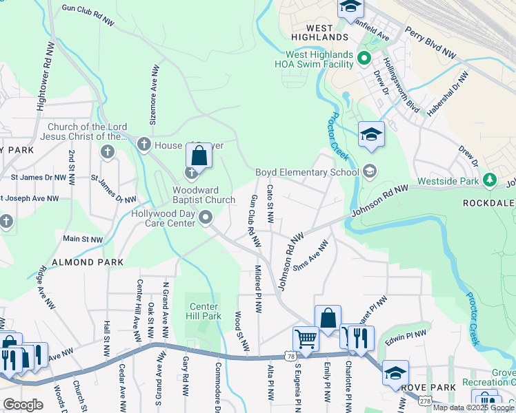 map of restaurants, bars, coffee shops, grocery stores, and more near 1095 Gun Club Road Northwest in Atlanta