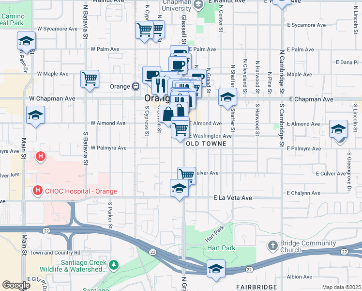 map of restaurants, bars, coffee shops, grocery stores, and more near 292 South Glassell Street in Orange