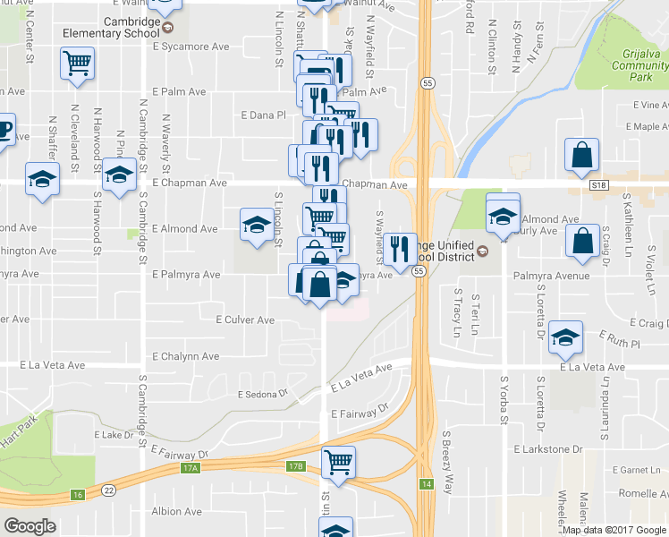 map of restaurants, bars, coffee shops, grocery stores, and more near 291 S Tustin St in Orange