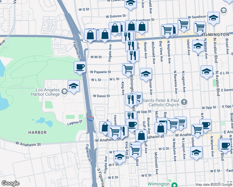 map of restaurants, bars, coffee shops, grocery stores, and more near 1121 West Denni Street in Los Angeles