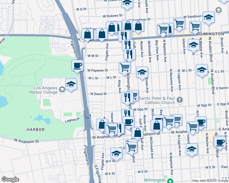 map of restaurants, bars, coffee shops, grocery stores, and more near 1121 West Denni Street in Los Angeles