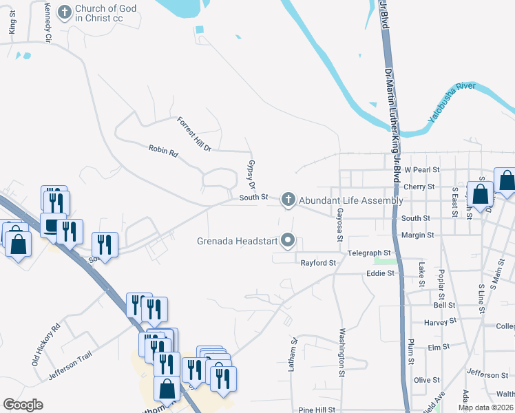 map of restaurants, bars, coffee shops, grocery stores, and more near 1199 Cathey Drive in Grenada
