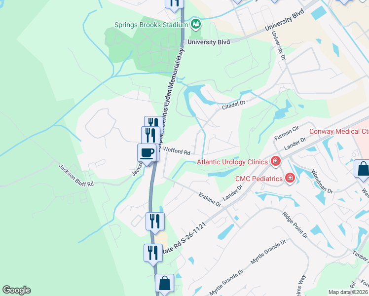 map of restaurants, bars, coffee shops, grocery stores, and more near 115 Wofford Road in Conway