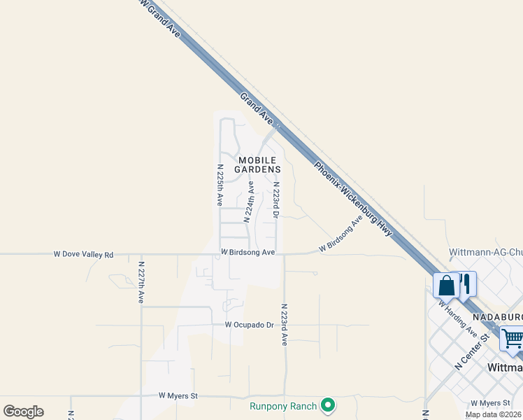 map of restaurants, bars, coffee shops, grocery stores, and more near 22326 West Mellow Street in Wittmann