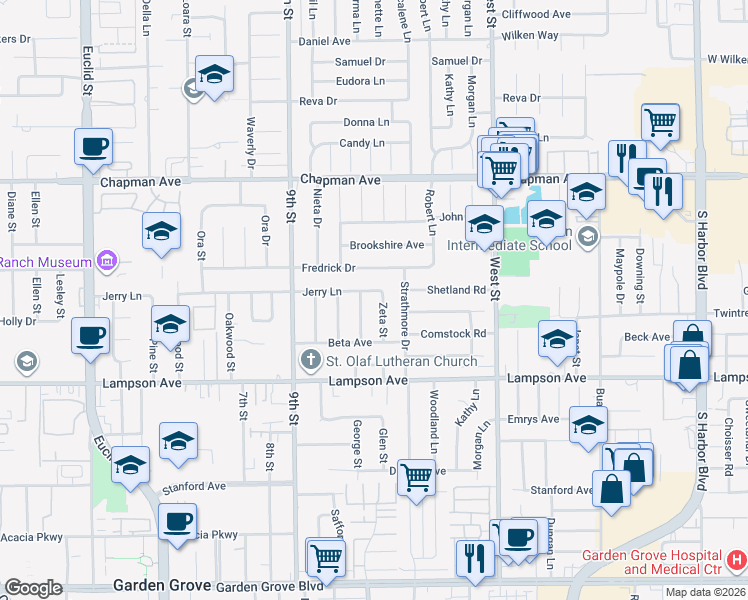map of restaurants, bars, coffee shops, grocery stores, and more near 12285 Zeta Street in Garden Grove