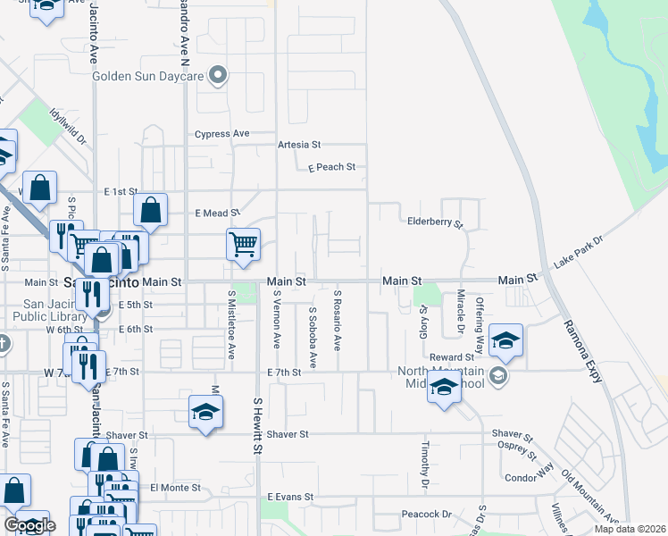 map of restaurants, bars, coffee shops, grocery stores, and more near 719 East Main Street in San Jacinto