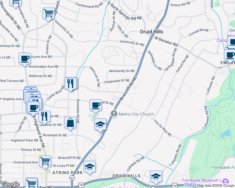 map of restaurants, bars, coffee shops, grocery stores, and more near 1335 Briarwood Drive Northeast in Atlanta