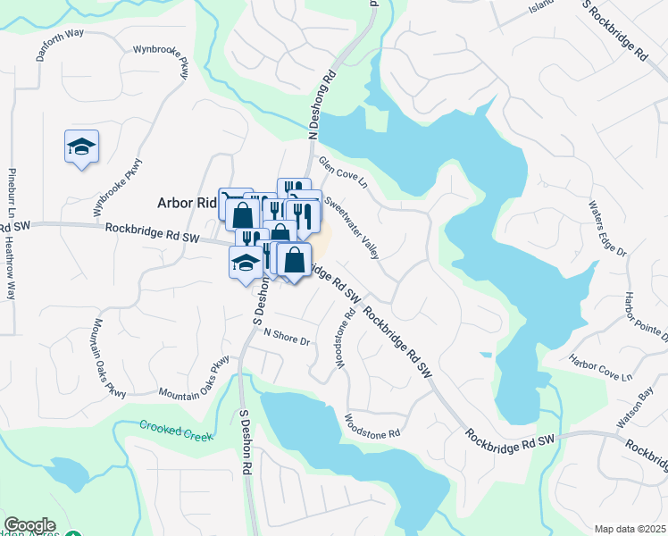 map of restaurants, bars, coffee shops, grocery stores, and more near 7187 Lake Crossing in Stone Mountain