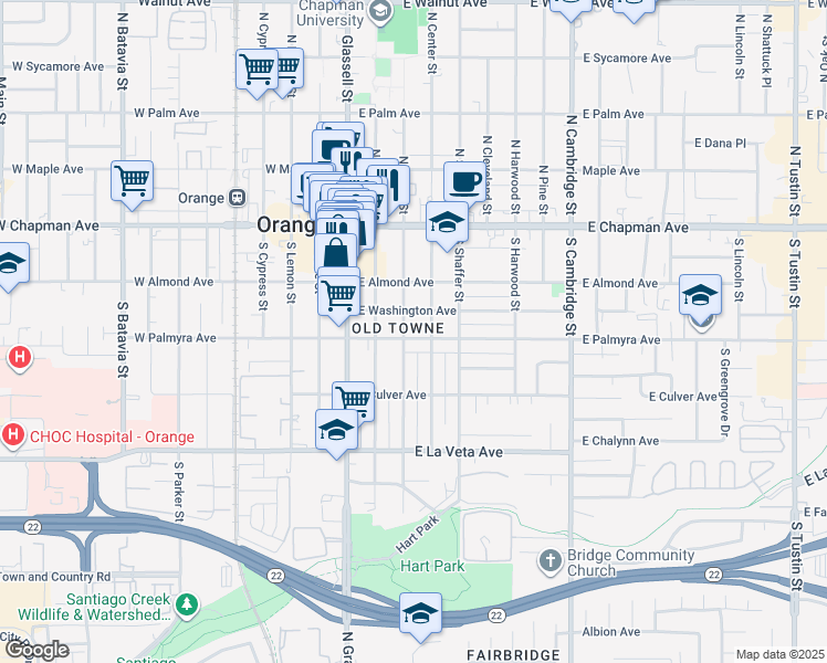 map of restaurants, bars, coffee shops, grocery stores, and more near 313 East Palmyra Avenue in Orange