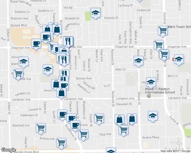 map of restaurants, bars, coffee shops, grocery stores, and more near 12262 Morrie Lane in Garden Grove