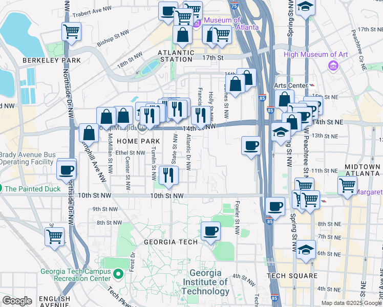 map of restaurants, bars, coffee shops, grocery stores, and more near 1087 Atlantic Drive in Atlanta