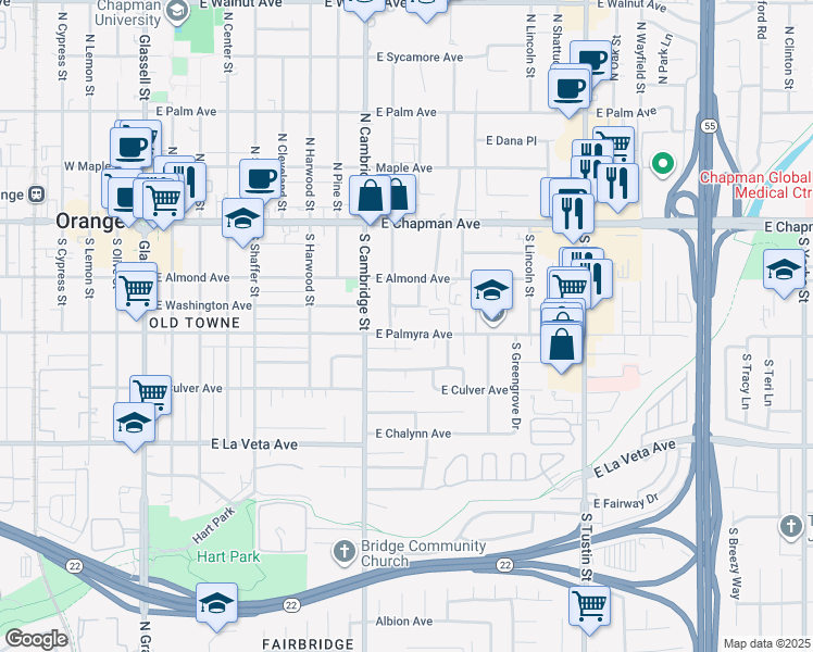 map of restaurants, bars, coffee shops, grocery stores, and more near 1043 East Palmyra Avenue in Orange